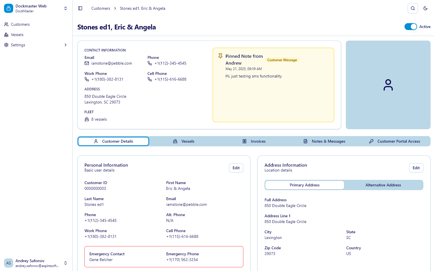 DockMaster Web: Customer Details Screen